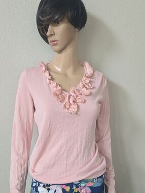 Soft Pink Ruffle V-Neck Long Sleeve Lightweight Sweater